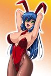  animal_ears armpits arms_behind_head arms_up bangs bare_shoulders between_breasts blue_hair blush breasts brown_legwear bunny_ears bunny_girl bunny_tail bunnysuit center_opening cleavage covered_navel detached_collar emina&amp;aki emina_(emina&amp;aki) eyebrows_visible_through_hair fake_animal_ears fake_tail from_side gradient gradient_background green_eyes hair_between_eyes happy highleg highleg_leotard hips kagami_hirotaka large_breasts leotard lipstick long_hair looking_at_viewer makeup necktie necktie_between_breasts open_mouth orange_background original outline pantyhose pink_lipstick red_leotard red_neckwear shiny shiny_clothes shiny_hair sideways_glance smile solo standing straight_hair strapless strapless_leotard tail tan very_long_hair white_background 