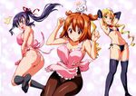  3girls amaya_haruko apron armpits arms_up ass black_hair black_legwear blonde_hair blue_eyes blush breasts brown_eyes brown_hair crotch_seam elbow_gloves feet flat_chest gloves green_eyes hair_ribbon highres himegami_kodama kneehighs kushiya_inaho long_hair maid_headdress maken-ki! multiple_girls navel nearly_naked_apron no_shoes open_mouth panties panties_under_pantyhose pantyhose ribbon scan short_hair side-tie_panties socks soles takeda_hiromitsu thighhighs underwear 