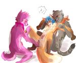  anal anal_fingering blue_hair blush canine cum facial feline fingering fox gay grau hair held male masturbation penis pink scarf spread_legs spreading submissive threesome 