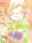  2010 ^_^ brown_hair closed_eyes dated eating food head_tilt muro orange_background persona persona_4 satonaka_chie short_hair simple_background solo sweet_potato turtleneck upper_body zipper 