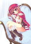  angel_wings blush boots breasts brown_hair cabbie_hat cape cleavage creator dress gauntlets gloves hat kizuki_erika knee_boots long_hair medium_breasts purple_eyes ragnarok_online sitting wings 