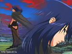  blue_hair cloak cloud clouds dawn female gloves grass green_eyes long_hair looking_back marone_bluecarno mountain pants rock serious shoes shorts sky solo sword tales_of_(series) tales_of_eternia weapon windy 