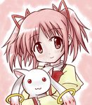  blush kaname_madoka kyubey mahou_shoujo_madoka_magica pink_eyes pink_hair sanari_(quarter_iceshop) school_uniform short_hair short_twintails smile twintails 