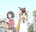  android animal animal_on_head black_hair blonde_hair cat cat_on_head labcoat multiple_girls necktie nichijou ohyo on_head professor_shinonome robot sakamoto_(nichijou) scarf shinonome_nano ufo 