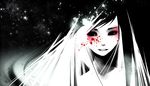  absurdres artist_request blood blood_splatter copyright_request eyeshadow face highres light_smile makeup monochrome pale_skin solo source_request spot_color white_hair 