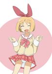  ^_^ annaka_haruna blonde_hair bow closed_eyes hair_bow nichijou official_style panties pantyshot school_uniform shirika short_hair smile solo tokisadame_school_uniform underwear 