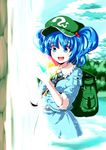  :d backpack bag blue_eyes blue_hair blue_sky hair_bobbles hair_ornament hat highres irusu kawashiro_nitori open_mouth short_hair sky sleeves_folded_up smile solo touhou two_side_up wading water 