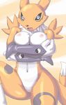  apostle blue_eyes breasts canine chest_tuft claws crossed_arms digimon elbow_gloves face_markings female fox leg_markings looking_at_viewer open_mouth orange pixel_art pussy renamon solo tail yellow 