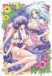 absurdres bare_shoulders barefoot blue_hair blush breasts breasts_outside dress earrings fingernails flower hand_on_hip hand_on_own_knee highres jewelry long_hair masaki_aeka_jurai medium_breasts miniskirt multiple_girls nail_polish nipples no_bra off_shoulder open_clothes open_dress panties pink_skirt purple_hair red_eyes ryouko_(tenchi_muyou!) scan shimazaki_yoshio shirt sitting skirt smile tenchi_muyou! twintails underwear very_long_hair white_panties white_shirt yellow_eyes 