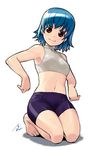  barefoot bike_shorts blue_hair brown_eyes kneeling midriff mizuki_gyokuran navel original short_hair shorts smile solo sports_bra 