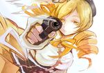  aiming_at_viewer beret blonde_hair breasts corset drill_hair gun hair_ornament handgun hat head_tilt holding holding_gun holding_weapon large_breasts magical_girl mahou_shoujo_madoka_magica pistol pleated_skirt skirt smile smoke solo tato tomoe_mami weapon yellow_eyes 