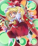  ascot blonde_hair blouse fang flandre_scarlet hat hat_ribbon laevatein open_mouth red_eyes ribbon side_ponytail skirt solo touhou vest wings yuuhi_alpha 