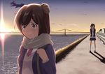  bad_id bad_pixiv_id bridge brown_eyes brown_hair closed_eyes highres long_hair momo_no_kanzume multiple_girls necktie open_mouth original river road scarf school_uniform short_hair skirt sunset sweater tears water 