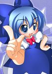  absurdres bad_hands blonde_hair blue_eyes blush cirno hair_ribbon highres open_mouth ribbon shinjitsu smile solo touhou 