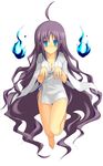  ahoge barefoot blue_eyes blush breast breasts cleavage female full_body ghost highres long_hair original purple_hair simple_background solo tsukumiya_amane very_long_hair white_background 