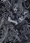  chotto greyscale highres houjuu_nue monochrome short_hair solo thighhighs touhou wings 