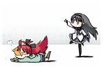  :t akemi_homura black_hair boots catch chibi empty_eyes fallen_down food jitome long_hair mahou_shoujo_madoka_magica motion_blur mouth_hold multiple_girls pantyhose purple_eyes red_hair sakura_kyouko standing standing_on_one_leg taiyaki thigh_boots thighhighs throwing upg wagashi 