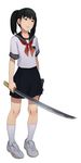  black_eyes black_hair footwear katana kyoudyu pixiv202253 school_uniform serafuku simple_background siren siren_2 skirt socks standing sword twintails weapon yagura_ichiko 