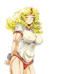  abs alternate_costume bad_id bad_pixiv_id blonde_hair bracelet breasts chikuwa_(tks) closed_eyes fundoshi gym_uniform horn hoshiguma_yuugi impossible_clothes impossible_shirt japanese_clothes jewelry large_breasts long_hair muscle muscular_female no_pants pointy_ears shirt short_sleeves smile solo t-shirt touhou 