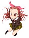  blush bow brown_eyes brown_hair covering covering_crotch embarrassed hair_bow hairband idolmaster idolmaster_(classic) kneehighs long_hair minase_iori plaid plaid_skirt school_uniform school_wear_(idolmaster) simple_background skirt solo ttomm 