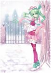  ahoge christmas gate green_dam green_eyes green_hair hair_ornament hat highres holly holly_hair_ornament leaf leg_warmers long_hair no_nose os-tan personification pink_legwear scarf silversirius snow snowing solo thighhighs tree twintails 