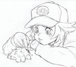  gen_5_pokemon greyscale hat hijirino_yuuta joltik male_focus monochrome pokemon pokemon_(creature) pokemon_(game) pokemon_bw poking sketch smile touya_(pokemon) 