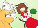  49cc animal_ears blonde_hair brown_hair cat_ears cat_tail chen commentary drooling earrings fang fox_tail hat hat_removed headwear_removed jewelry multiple_girls multiple_tails short_hair sleeping tail touhou yakumo_ran 
