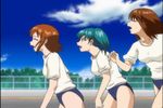  3girls aqua_hair blue_eyes breasts brown_hair cloud doi_shizuha exercise eyes_closed fence green_hair gym_uniform honjo_mikaze long_hair multiple_girls nakamura_ayamo open_mouth orange_hair running short_hair sky stratos_4 tired tree twintails 