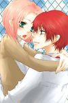  blush couple green_eyes haruno_sakura misaki726 naruto naruto_shippuuden pink_hair red_hair sasori school_uniform 