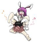  animal_ears bare_legs bare_shoulders barefoot beamed_eighth_notes black_hair blush bottomless bunny_ears dress dress_shirt eighth_note head_grab inaba_tewi long_hair lowres multiple_girls musical_note naked_shirt nanigashi_yakko off_shoulder open_clothes open_mouth open_shirt purple_hair reisen_udongein_inaba shirt short_hair single_sock socks spread_legs touhou yuri 