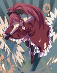  bare_shoulders black_legwear blurry boots depth_of_field detached_sleeves from_above highres long_hair magical_girl mahou_shoujo_madoka_magica mikuni_saho ponytail red_eyes red_hair sakura_kyouko smile solo tears thighhighs witch's_labyrinth 