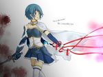  blood blood_stain blue_eyes blue_hair blush cape english gauntlets gloves highres looking_back magical_girl mahou_shoujo_madoka_magica miki_sayaka oktavia_von_seckendorff ribbon short_hair solo spoilers sword tears thighhighs tokino_mitsuru weapon white_gloves white_legwear zettai_ryouiki 