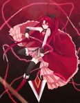  bad_id bad_pixiv_id bare_shoulders black_legwear blurry boots bow chain depth_of_field detached_sleeves hair_bow highres kaguya_ame long_hair mahou_shoujo_madoka_magica polearm ponytail red_eyes red_hair sakura_kyouko smile solo spear thighhighs very_long_hair weapon 