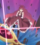  alternate_hairstyle bare_shoulders black_legwear boots bow hair_bow highres long_hair magical_girl mahou_shoujo_madoka_magica praying red_eyes red_hair sakura_kyouko solo spoilers srx61800 thighhighs 