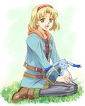  animal_ears blonde_hair cecilia_lynne_adelhyde coat creature earrings full_body grass green_eyes hairband hanpan happy jewelry kneeling looking_at_viewer naname_(7me) open_mouth pantyhose red_hairband shoes short_hair simple_background wild_arms wild_arms_1 