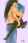  blue_hair blush cleavage couple fairy_tail gajeel_redfox levy_mcgarden scar skirt thighhighs 