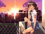  antenna_hair black_legwear blush closed_eyes idolmaster idolmaster_(classic) kikuchi_makoto kneehighs necktie open_mouth rooftop rough_time_school school_uniform short_hair smile solo sunset tog_(shoten) 