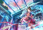  architecture bare_legs black_hair chinese_clothes dragon east_asian_architecture eastern_dragon from_below fuji_choko hair_ornament hanfu highres long_hair looking_back original outstretched_arm red_eyes sky solo tree water 