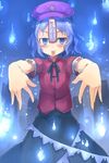  :p blue_eyes blue_hair blush face foreshortening fred04142 graveyard hands hat highres hitodama jiangshi jitome miyako_yoshika ofuda outstretched_arms pale_skin solo star tombstone tongue tongue_out touhou zombie_pose 