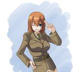  amder bad_id bad_pixiv_id blue_eyes brown_hair charlotte_e_yeager military military_uniform one_eye_closed panties solo strike_witches underwear uniform world_witches_series 
