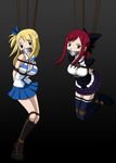  2girls bdsm blonde_hair bondage boots bound breasts brown_eyes cleavage erza_scarlet fairy_tail female highres large_breasts long_hair lucy_heartfilia multiple_girls red_hair simple_background skirt thighhighs 