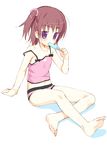  barefoot blush brown_hair camisole eating fang feet flat_chest food full_body meito_(maze) midriff navel original panties pink_panties popsicle purple_eyes sexually_suggestive short_hair sitting solo strap_slip twintails underwear 