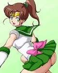  :d arched_back ass back_bow bishoujo_senshi_sailor_moon bow brown_hair choker elbow_gloves gloves green_choker green_eyes green_sailor_collar green_skirt hair_bobbles hair_ornament isu kino_makoto lowres magical_girl open_mouth pink_bow ponytail sailor_collar sailor_jupiter sailor_senshi_uniform skirt smile solo when_you_see_it 