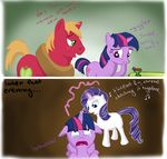  big_macintosh_(mlp) blue_eyes comic cutie_mark draft_horse equine female feral friendship_is_magic green_eyes hair horn horns horse implied_sex male mammal my_little_pony orange_hair pony purple_eyes purple_hair rarity_(mlp) sewing stitching twilight_sparkle_(mlp) two_tone_hair unicorn unknown_artist 