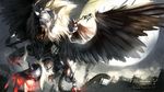  animal_ears bad_id bad_pixiv_id bare_shoulders brown_hair creature full_moon glowing glowing_eyes large_wings long_hair moon observerz pixiv_fantasia pixiv_fantasia_5 polearm red_eyes tail weapon wings 