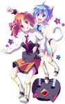  :d ahoge apricot_sakuraba blue_eyes blue_hair boots bow cat fang flower full_body galaxy_angel galaxy_angel_rune hair_flower hair_ornament hair_ribbon happy knee_boots mimolette_(galaxy_angel) multicolored multicolored_eyes multiple_girls nano-nano_pudding necktie nyaa_(nnekoron) open_mouth orange_hair orange_skirt pointing purple_eyes red_eyes ribbon shirt short_hair short_twintails skirt smile star surprised tail twintails uniform white_background 