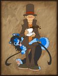  blue blush canine female grope hand_in_pants human jen_seng looking_at_viewer male open_mouth professor_layton reaction smile spill spunky surprise tea what wolf 