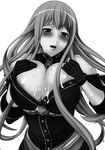  b&amp;w breast_grab breast_push breasts cleavage cum cum_on_body cum_on_breasts cum_on_face cum_on_upper_body facial grabbing grey_hair highres large_breasts monochrome selvaria_bles senjou_no_valkyria senjou_no_valkyria_1 todd_special 