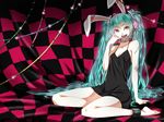  animal_ears ankle_cuffs aqua_hair bad_id bad_pixiv_id barefoot bunny_ears chain checkered hatsune_miku headphones highres long_hair nanase_mizuki red_eyes sitting smile solo stitches twintails very_long_hair vocaloid 