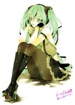  bad_id bad_pixiv_id boots chin_rest crossed_legs error fingerless_gloves full_body gloves green_eyes green_hair hatsune_miku high_heels highres knee_boots long_hair necktie panties panties_under_pantyhose pantyhose pantyshot pantyshot_(sitting) scrunchie shoes simple_background sitting skirt solo striped striped_panties sudou_kira twintails underwear very_long_hair vocaloid 